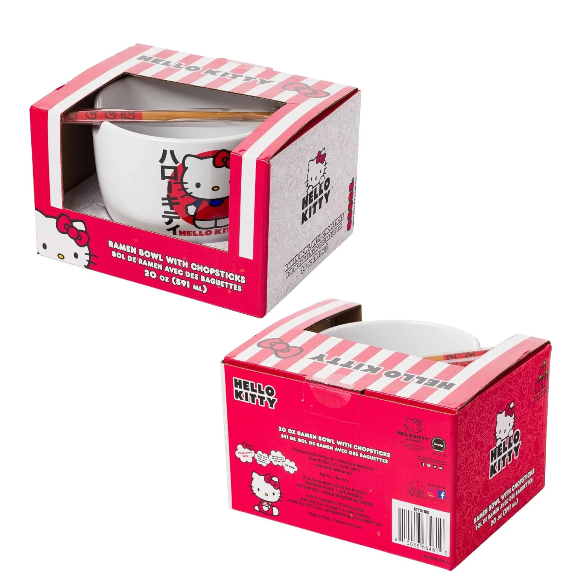 Silver Buffalo LLC Hello Kitty Ceramic Ramen Bowl and Chopstick Set (Japan Logo)