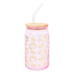 Silver Buffalo LLC Hello Kitty Pink Glass Jar Tumblers with Bamboo Lid (Set of 2)