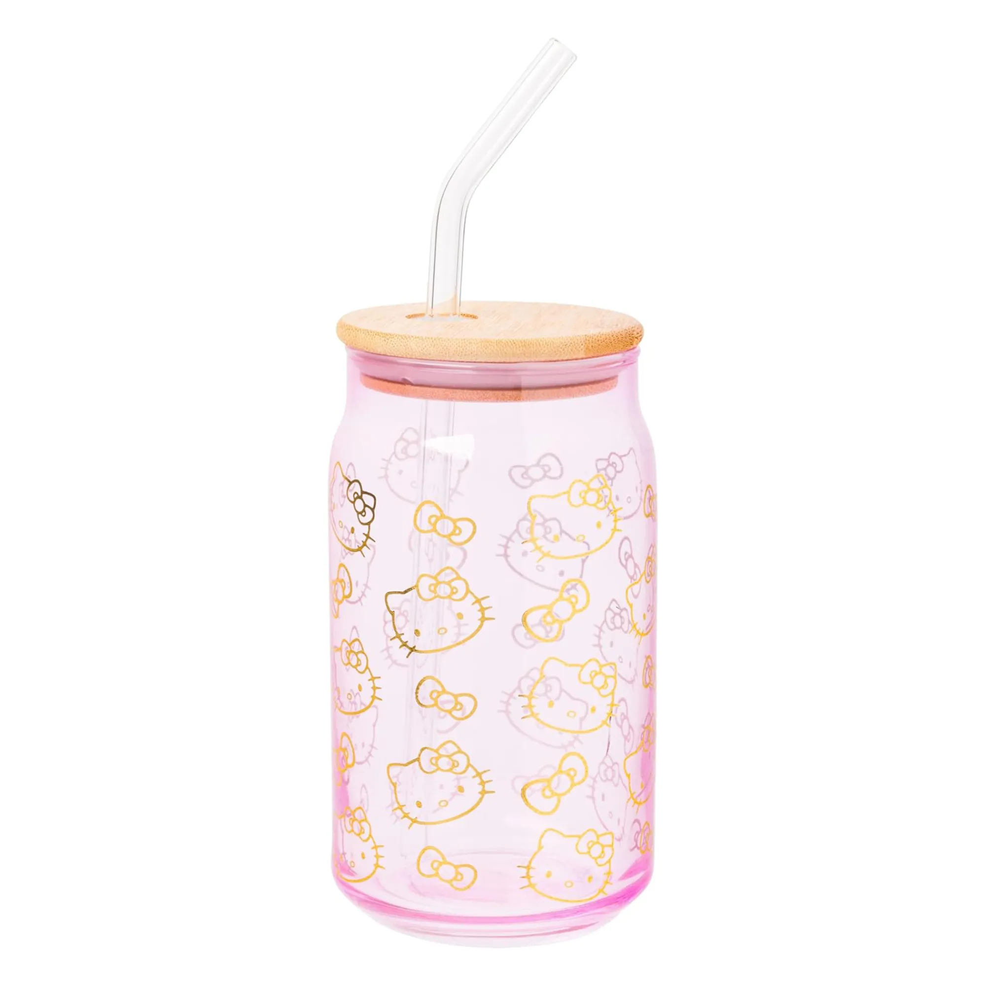 Silver Buffalo LLC Hello Kitty Pink Glass Jar Tumblers with Bamboo Lid (Set of 2)