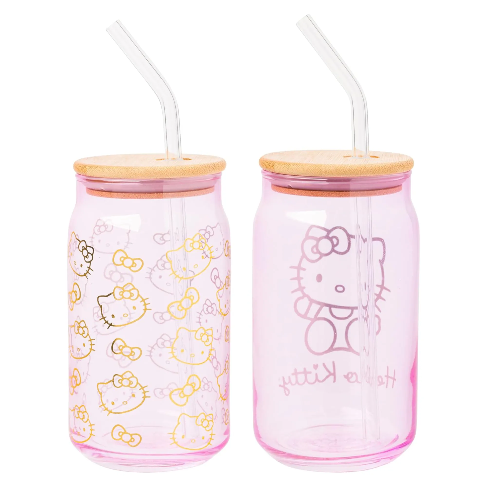 Silver Buffalo LLC Hello Kitty Pink Glass Jar Tumblers with Bamboo Lid (Set of 2)