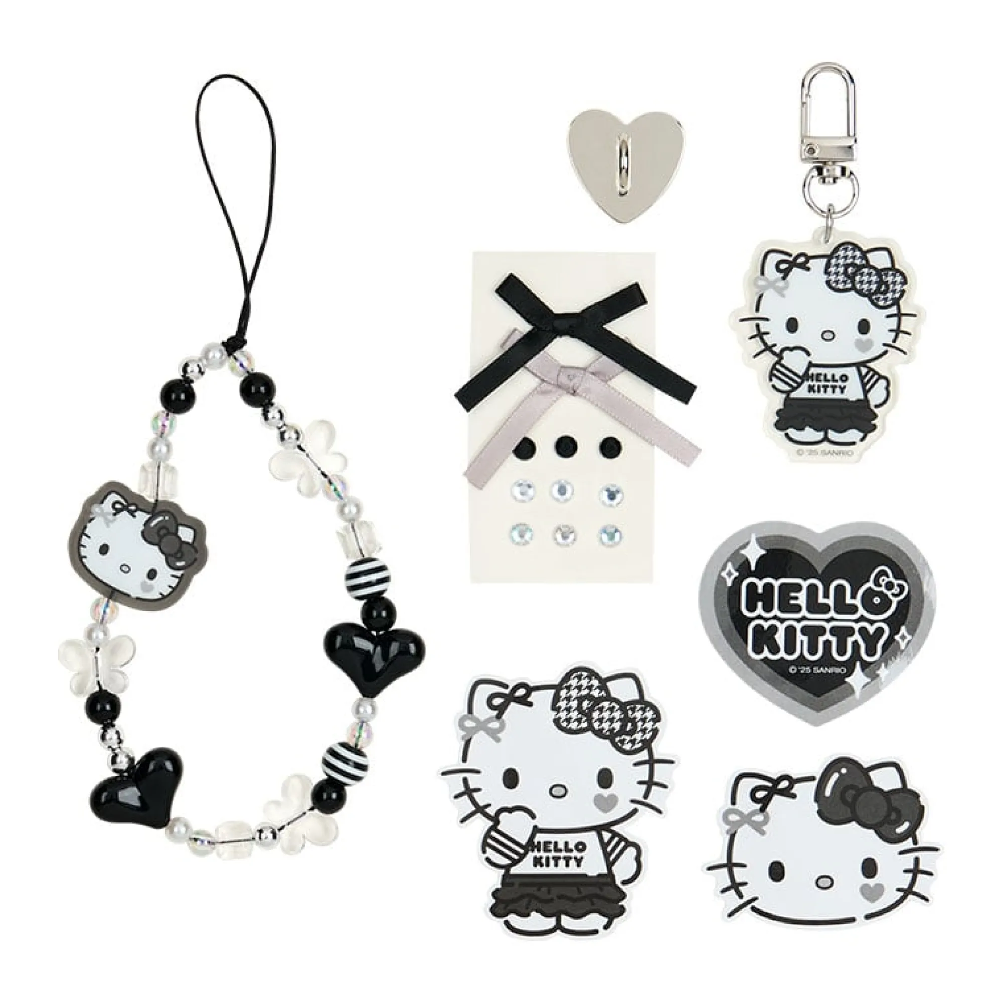 Japan Original Hello Kitty Smartphone Charm Set (Silver Houndstooth Series)