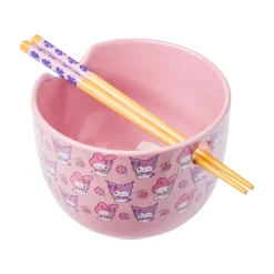 Silver Buffalo My Melody & Kuromi Ceramic Ramen Bowl and Chopstick Set (Pastel Flowers)