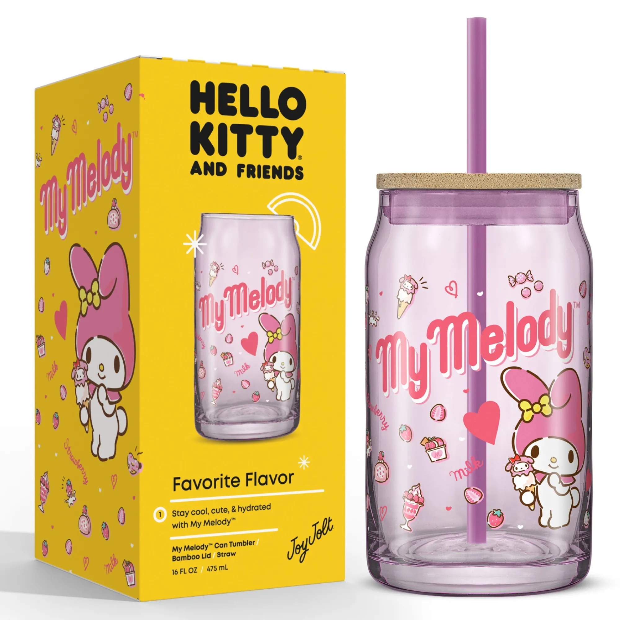 JoyJolt My Melody Favorite Flavor Lidded Glass Tumbler