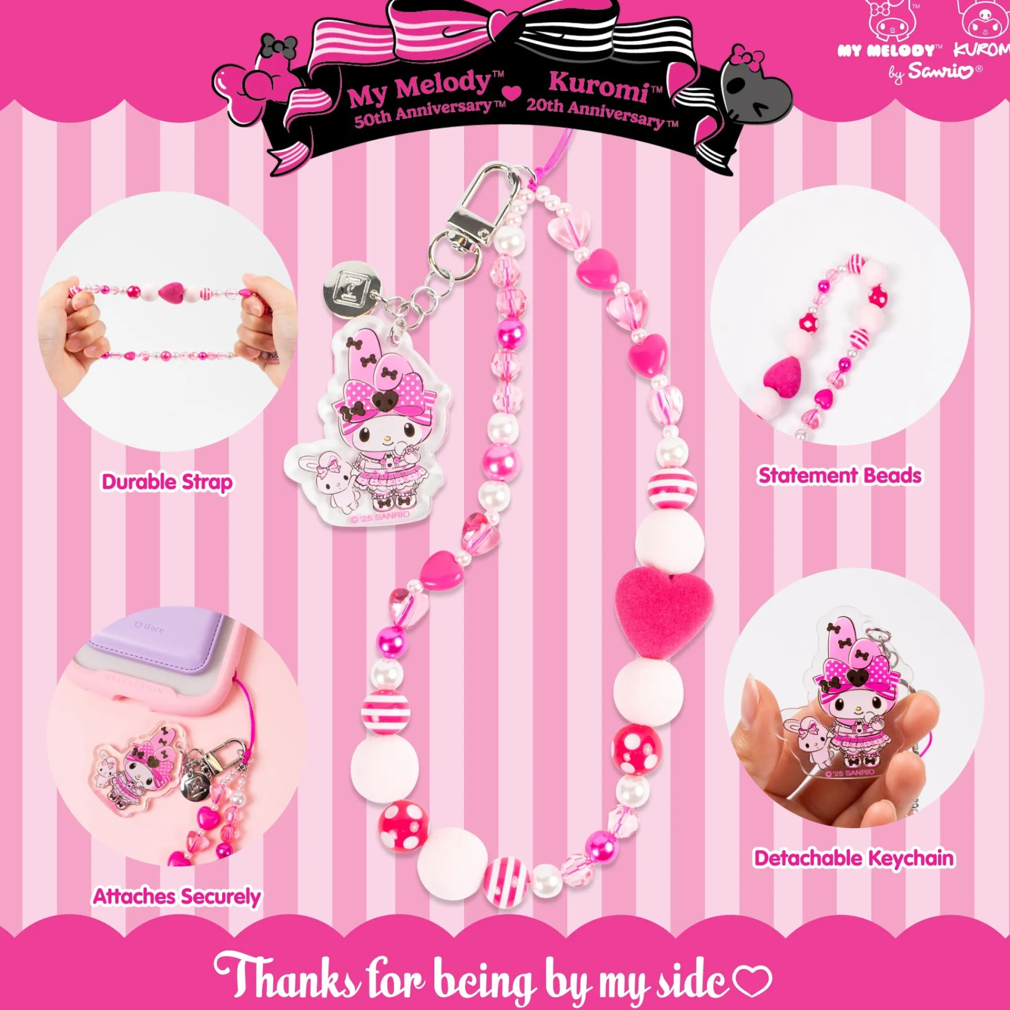 Hamee.com - Hamee US My Melody 50th Anniversary Beaded Charm Mobile Phone Wrist Strap
